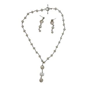 Short 14.75" Dainty Beaded Necklace and Dangly Earrings Set Silver/White Women